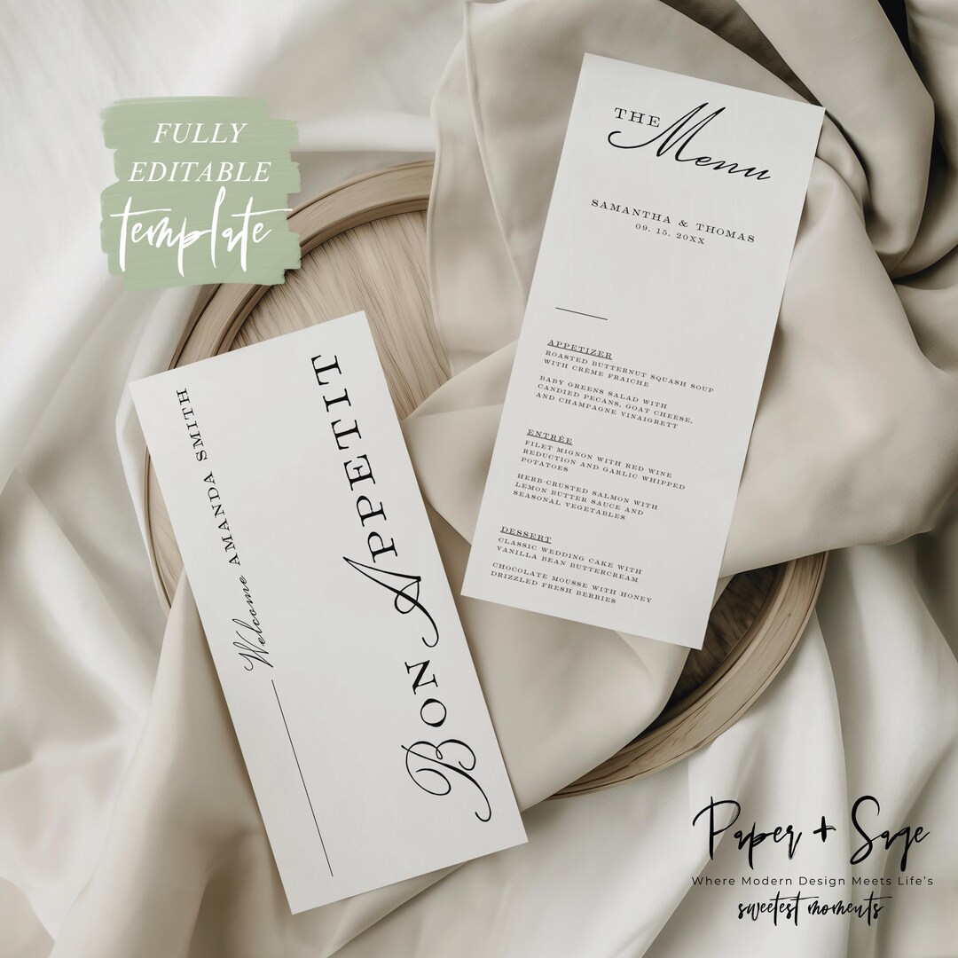 Elegant Wedding Menu Template: Editable Double Sided Canva Menu With ...