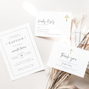 Modèle d'invitation de baptême minimaliste, ensemble de baptême modifiable avec RSVP, cartes de remerciement et détails, invitation de baptême religieux simple