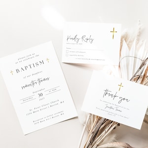 Paquete de plantillas modernas para invitaciones de bautizo, set de invitaciones de bautizo bohemio minimalista editables con RSVP, tarjeta de agradecimiento y plantilla de letrero de bienvenida.