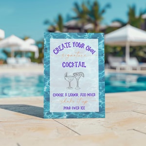 Enseigne à cocktail modifiable - Créez votre propre carte de boissons pour une fête au bord de la piscine, Luau, un mariage sur la plage ou un événement estival - Boissons personnalisables DIY