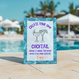 Enseigne de bar à cocktails d'été, enseigne de boisson modifiable à la piscine, enseigne de menu de bar personnalisé imprimable, créez votre propre cocktail, modèle de menu de boisson bricolage