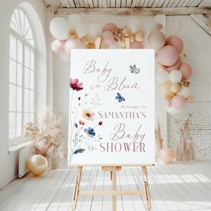Bearbeitbares Baby in Bloom Willkommensschild Mädchen, Wildblumen-Babyparty-Willkommensschild-Vorlage, Baby-Duscheschild Digitaler Download