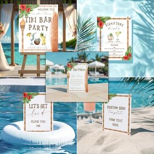 Tiki Bar Party Schild Bundle, Tropical Luau Einladung & Cocktail Menü Vorlage, bearbeitbare Pool Party Dekorationen, Signature Drinks Schild