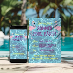 Invitation à une fête à la piscine : ensemble de modèles Canva modifiables avec modèle de menu de bar d'été, panneau de bienvenue et invitation sur le thème de la piscine