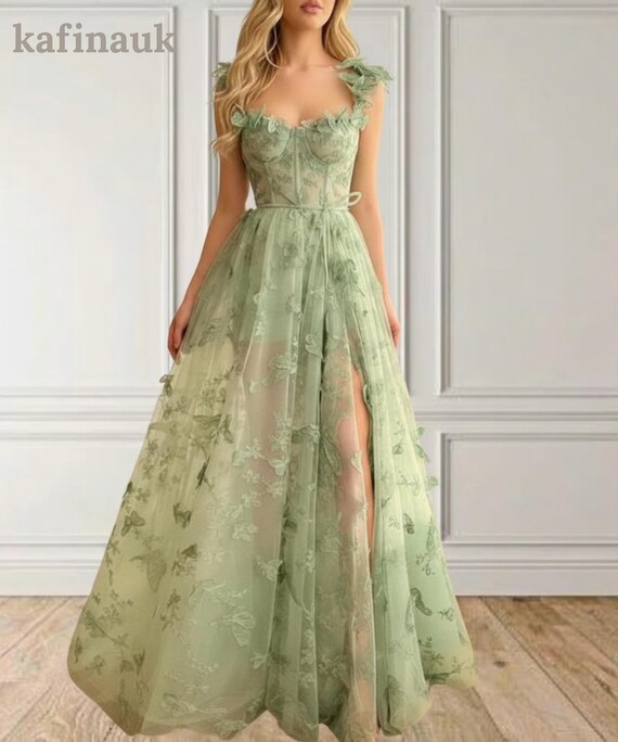 Sage Green Floral Tulle Maxi Dress: Corset Cottagecore Gown - Etsy New  Zealand