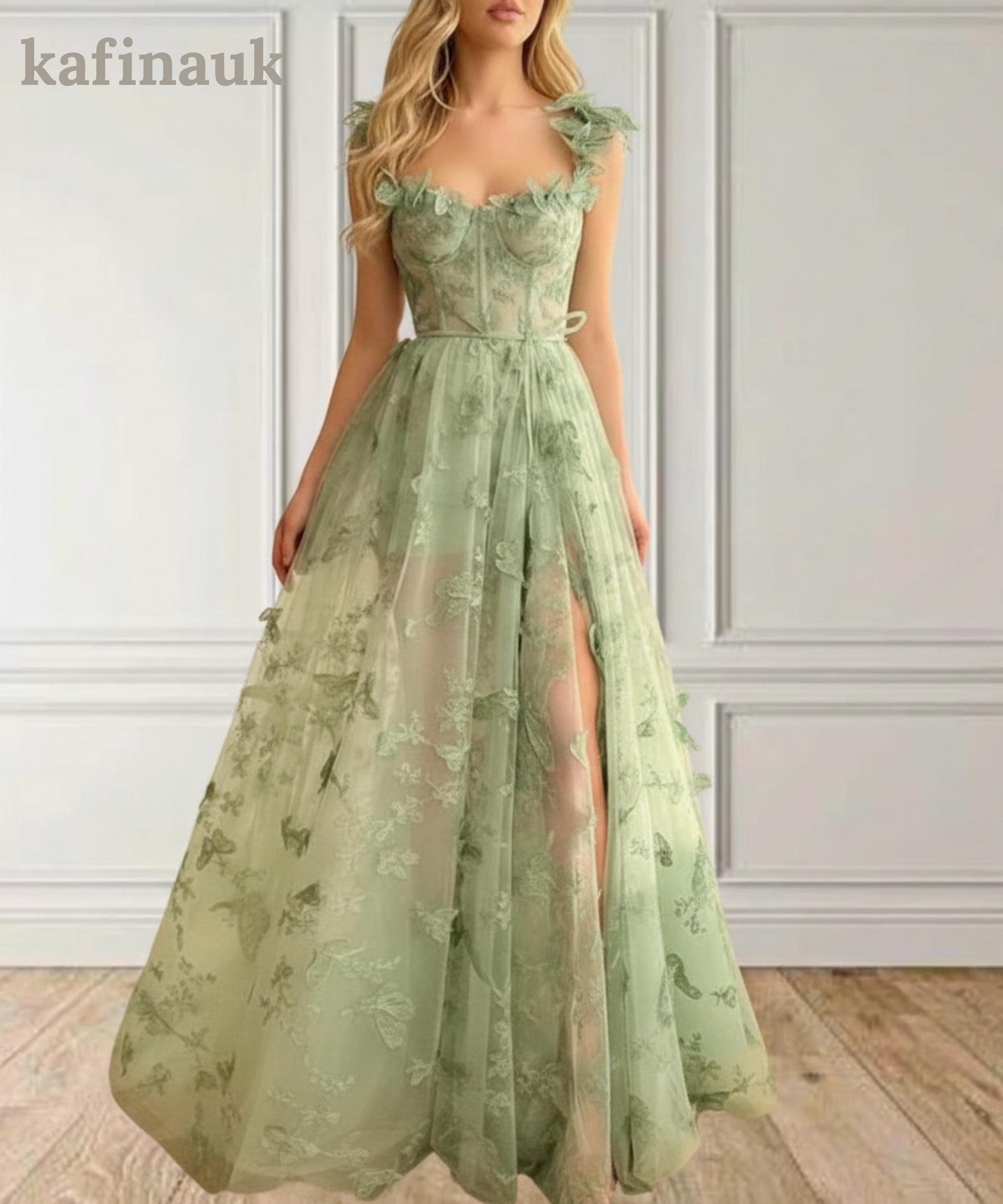 Cxrazywomen Boho Bridesmaid Dress - Mint Green Lace Chiffon Long Gown With Sleeves, Size 14
