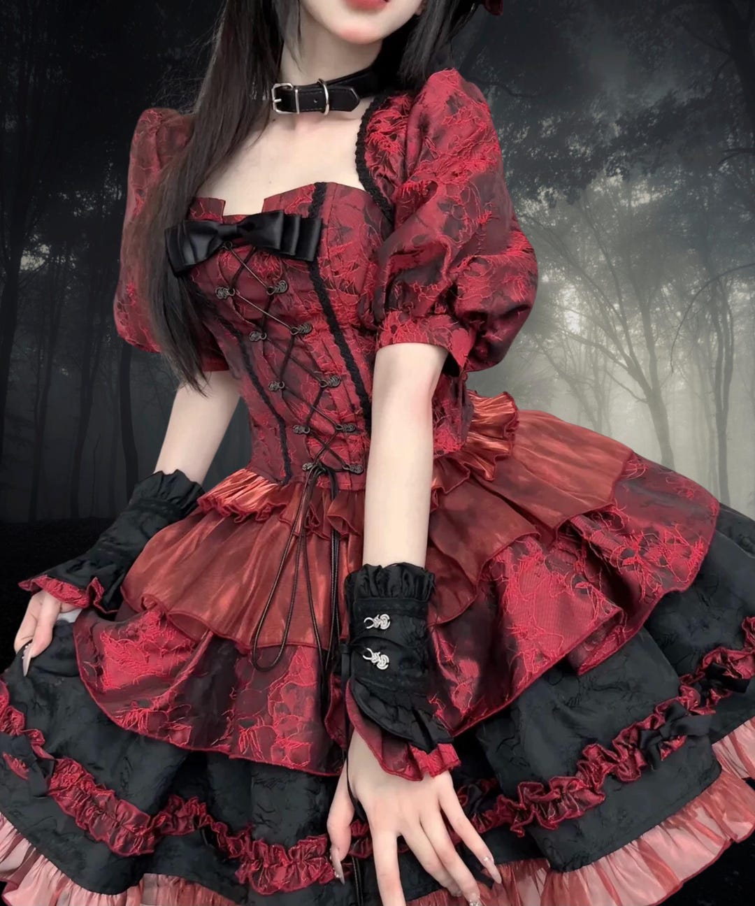COSDREAMER Damesjurk met ruches, gothic, steampunk, victoriaanse jurk, Rood, XS