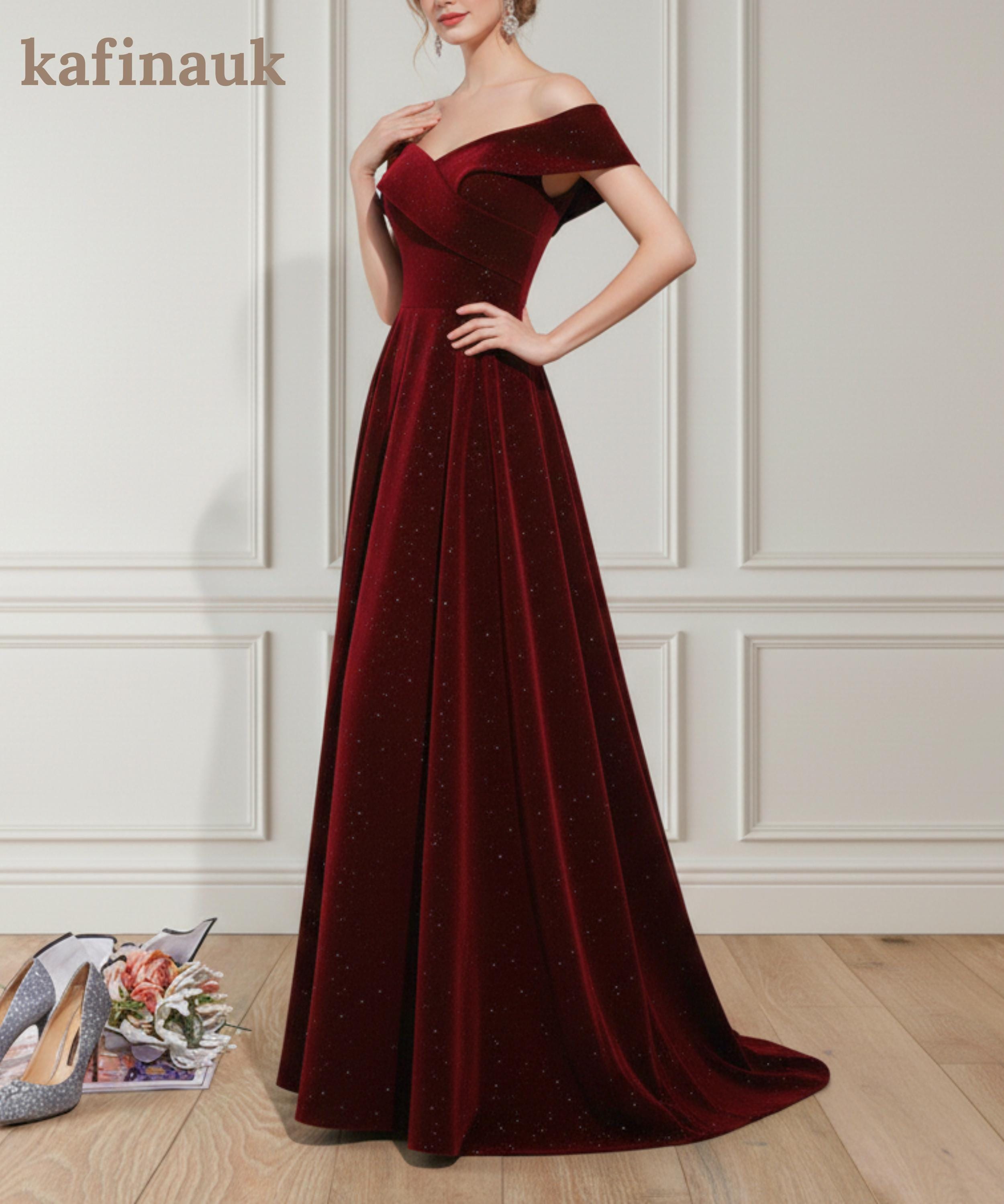 chinese dress ladies Burgundy Velvet Long Prom Dress, A-Line Off the Shoulder Party Dress