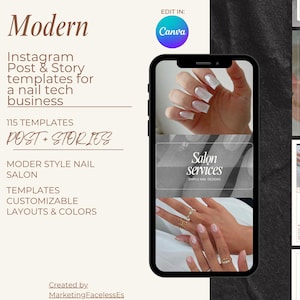 Puede incluir: Imagen promocional para un negocio de uñas, con plantillas de publicaciones e historias de Instagram. La imagen muestra un smartphone con ideas de diseño de uñas y el texto "Modern", "Salon services" y "115 plantillas".