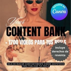 Puede incluir: Una mujer con una bata blanca y gafas de sol sostiene una revista con el texto "FASHION ISSUE" en la portada. El texto "Your CONTENT BANK + 1700 VIDEOS PARA TUS REELS" se muestra en negro sobre un fondo blanco. El texto "Incluye derechos de reventa" se muestra en blanco sobre un fondo gris en forma de estrella.