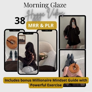 Puede incluir: Un anuncio de "Morning Glaze Hygge Videos" con múltiples dispositivos digitales que muestran imágenes de estilo de vida. El texto incluye "38", "MRR & PLR" y "Includes bonus Millionaire Mindset Guide with Powerful Exercise".