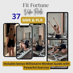 Op de afbeelding: Een advertentie voor een digitaal fitnessproduct met de tekst "Fit Fortune Video Reels" en "MRR & PLR." De afbeelding toont schermen van telefoons en tablets met oefeningen. Het getal "37" is zichtbaar, samen met de tekst: "Includes bonus Millionaire Mindset Guide with Powerful Exercise."