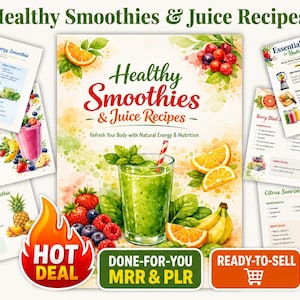 Pode incluir: Uma coleção digital de receitas de smoothies e sumos saudáveis com uma página de capa central apresentando um smoothie verde, rodeada por vários cartões de receitas como Morning Energy, Green Detox e Tropical Paradise, com texto Hot Deal.