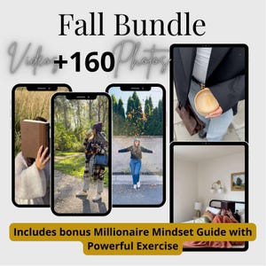 Puede incluir: Un paquete de productos digitales titulado "Fall Bundle" con el texto "Videos + 160 Fotos". La imagen muestra cuatro dispositivos digitales que muestran fotos de estilo de vida. El paquete incluye una bonificación "Millionaire Mindset Guide with Powerful Exercise."