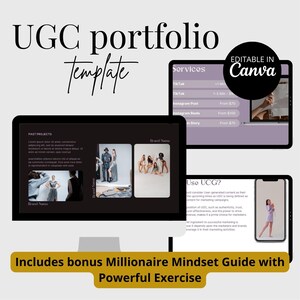 Può includere: Un modello di portfolio UGC digitale con sfondo nero, che mostra progetti e servizi passati. Il modello è modificabile in Canva e include una guida bonus Millionaire Mindset con un esercizio potente.