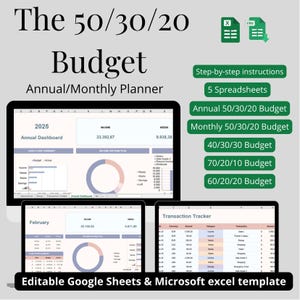 Puede incluir: Un planificador financiero digital con el texto "The 50/30/20 Budget Annual/Monthly Planner". La imagen muestra tres pantallas que muestran hojas de cálculo de presupuesto, incluido un panel anual, un presupuesto mensual y un rastreador de transacciones. El texto adicional incluye "Editable Google Sheets & Microsoft excel template."
