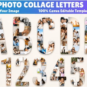 Puede incluir: Una plantilla digital con las letras A, B, C, D, E y los números 0, 1, 2, 3, 4, 5, 6, diseñados como marcos para collage de fotos. El texto dice PHOTO COLLAGE LETTERS, Drag Your Image, 100% Canva Editable Template con el logo de Canva.