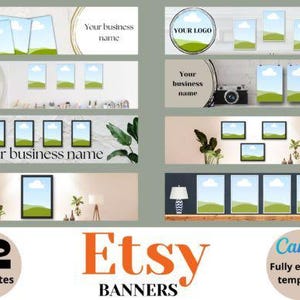 Puede incluir: Imagen que muestra 22 plantillas de banners de Etsy con varios diseños. Los banners presentan escenas de paisajes, campos de texto para nombres comerciales y una opción de logotipo. La palabra "Etsy" es naranja y "Canva" también se muestra.