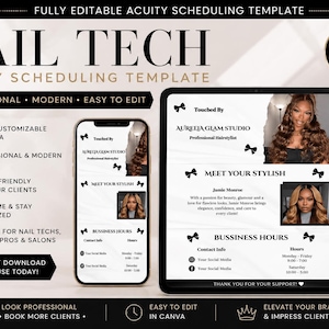Puede incluir: Plantilla digital para técnicos de uñas y profesionales de la belleza, mostrada en tableta y smartphone. Diseño moderno y totalmente personalizable en Canva, con horarios comerciales e información de contacto.