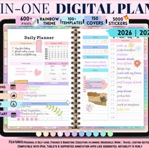 Puede incluir: Planificador digital con tema arcoíris, con más de 600 páginas, 100+ plantillas y 150 cubiertas. Incluye integraciones de calendario, fácil de usar y descarga instantánea. Compatible con iPad, tabletas y apps de anotación.