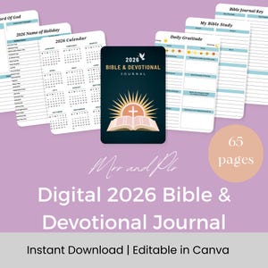 Puede incluir: Un diario digital de la Biblia y devocional de 2026 con 65 páginas. La portada es de color verde azulado oscuro con una cruz y un diseño de libro abierto. Incluye páginas de calendario y gratitud diaria. El texto dice "Descarga instantánea | Editable en Canva."