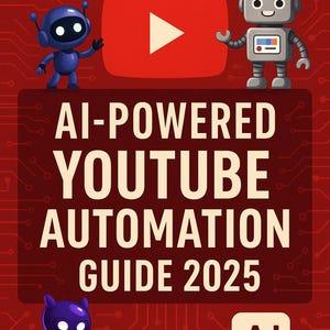 Puede incluir: Un logotipo rojo y blanco de YouTube con un botón de reproducción sobre un fondo rojo con un diseño de placa de circuito. El texto dice "AI-POWERED YOUTUBE AUTOMATION GUIDE 2025" con ilustraciones de robots.