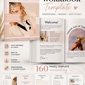 Puede incluir: Una plantilla digital de libro de ejercicios con portada, página de bienvenida y página de agradecimiento. El diseño incluye secciones para tabla de contenido, páginas de capítulos, hojas de trabajo, listas de verificación y páginas de recursos.
