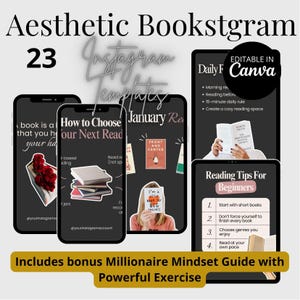Puede incluir: Plantillas de Instagram Aesthetic Bookstagram, con 23 diseños para redes sociales. Las plantillas ofrecen consejos de lectura, rutinas diarias de lectura y recomendaciones de libros. Incluye una guía de bonificación Millionaire Mindset con ejercicio poderoso.