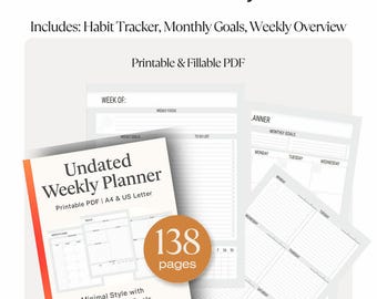 Planificador semanal sin fecha / PDF imprimible / A4 y Carta estadounidense / Seguimiento de hábitos, establecimiento de objetivos, lista de tareas pendientes