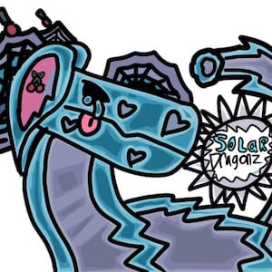 May include: Cartoon illustration of a blue dragon with a pink interior, hearts, and a tongue sticking out. The dragon has a sun-like emblem with the text "Solar Draganz". Two decorative umbrellas are on the dragon's head.