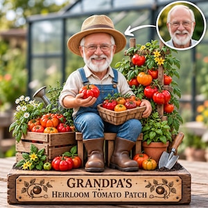 May include: A figurine of an elderly man with a white beard wearing a straw hat, beige shirt, and blue overalls, sitting on a wooden base labelled "GRANDPA'S HEIRLOOM TOMATO PATCH." He holds a red tomato, with baskets of tomatoes and plants nearby.