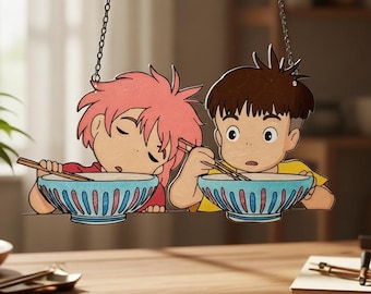 Ponyo & Sosuke Eating Ramen Resin Suncatcher, Studio Ghibli Inspired Window Hanging, Cute Anime Food Art, Gift for Her, Acrylic Suncatcher