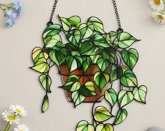 Pothos Resin Suncatcher – Faux Stained Glass Window Hanging, Green Plant Window Decor, Gift for Plant Lovers