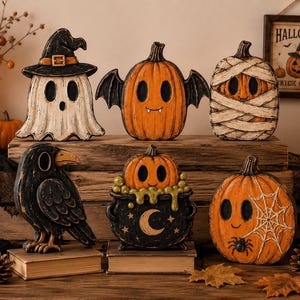 Pode incluir: Uma coleção de seis decorações de madeira com tema de Halloween, incluindo um fantasma com chapéu de bruxa, uma abóbora com asas de morcego, uma abóbora múmia, um corvo preto, uma abóbora num caldeirão e uma abóbora com teia de aranha.