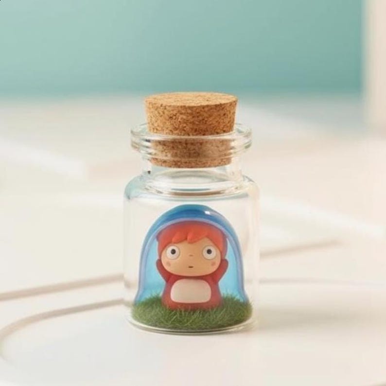 Puede incluir: Una peque&ntilde;a botella de vidrio transparente con tap&oacute;n de corcho. En el interior, una figura de dibujos animados con pelo rojo y un atuendo rojo est&aacute; encerrada en una c&uacute;pula azul, de pie sobre un trozo de hierba verde. El fondo es azul claro.