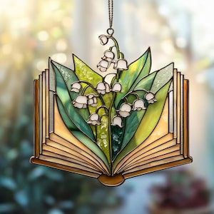 Lily of the Valley Handmade Suncatcher, Faux Stained Glass Book Window Hanging, Literary Botanical Gift, Gift for Her, Book Lovers