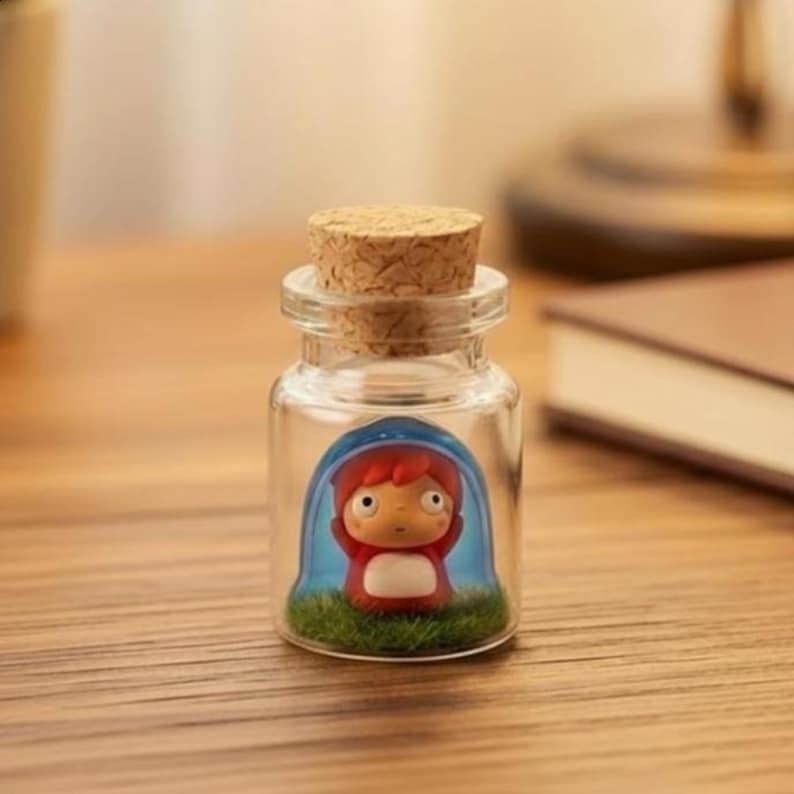 Puede incluir: Una peque&ntilde;a botella de vidrio con tap&oacute;n de corcho, que contiene una figura en miniatura de un personaje con cabello rojo y un atuendo rojo. La figura est&aacute; colocada sobre un fondo azul y hierba verde.