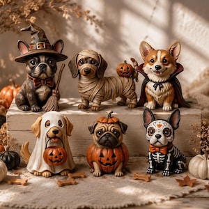 May include: A collection of six dog figurines dressed in Halloween costumes, including a witch, a mummy, a vampire, a ghost, a pumpkin, and a skeleton, arranged on a wooden block with small pumpkins and bone-shaped treats scattered around.