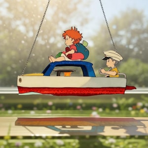 May include: A decorative boat-shaped hanging ornament with two cartoon characters. One sits on the blue and white boat, the other steers. The boat has a red hull and is suspended by chains, creating a whimsical design. A charming piece.