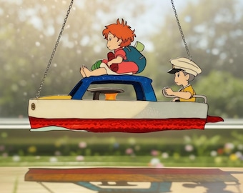 Ponyo & Sosuke On Boat Resin Suncatcher, Studio Ghibli Inspired Window Hanging, Ponyo And Sosuke Decor Ornament