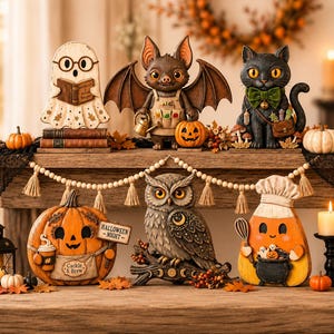 Conjunto de estatuetas de madeira para o Halloween, incluindo fantasma, morcego, coruja e gato preto para decorar prateleiras, abóbora e milho doce. Decoração lúdica para lareira com tema de outono.