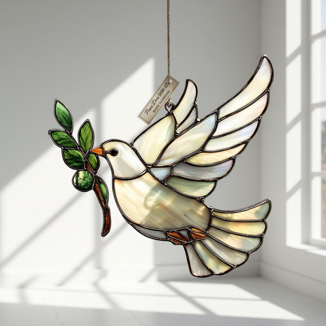 Peace Dove With Olive Branch Resin Suncatcher – Faux Stained Glass ...