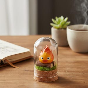 Puede incluir: Campana de cristal decorativa con una figura de demonio de fuego de dibujos animados. El personaje naranja y amarillo se asienta sobre un lecho de hierba verde y troncos, con una base de corcho. La figura est&aacute; dentro de una c&uacute;pula de cristal transparente.