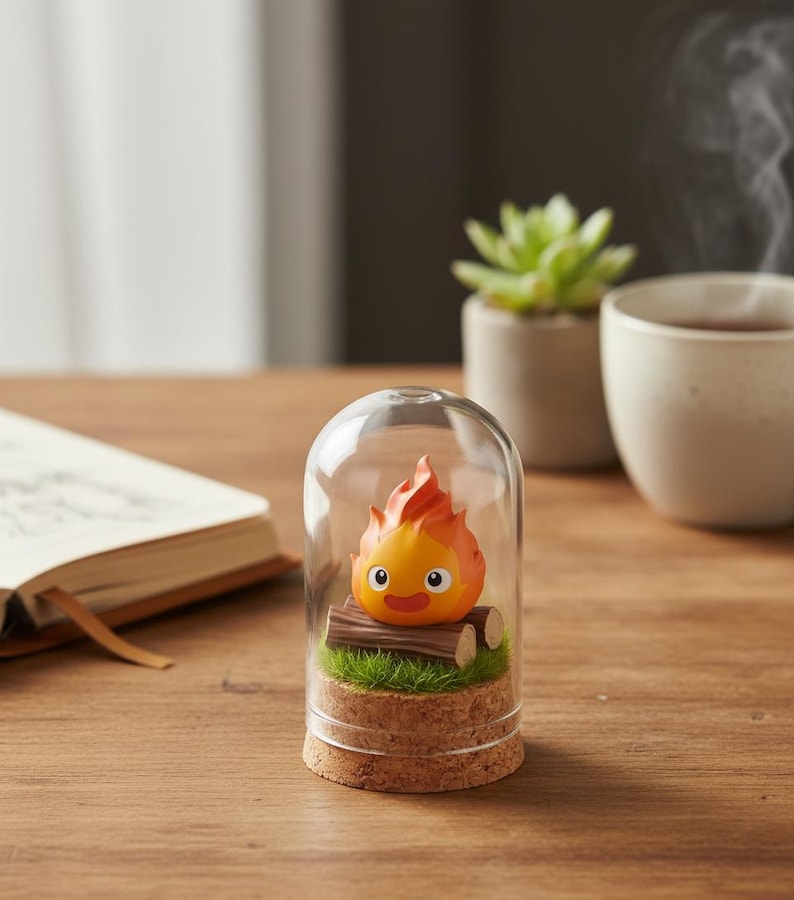 Puede incluir: Campana de cristal decorativa con una figura de demonio de fuego de dibujos animados. El personaje naranja y amarillo se asienta sobre un lecho de hierba verde y troncos, con una base de corcho. La figura est&aacute; dentro de una c&uacute;pula de cristal transparente.
