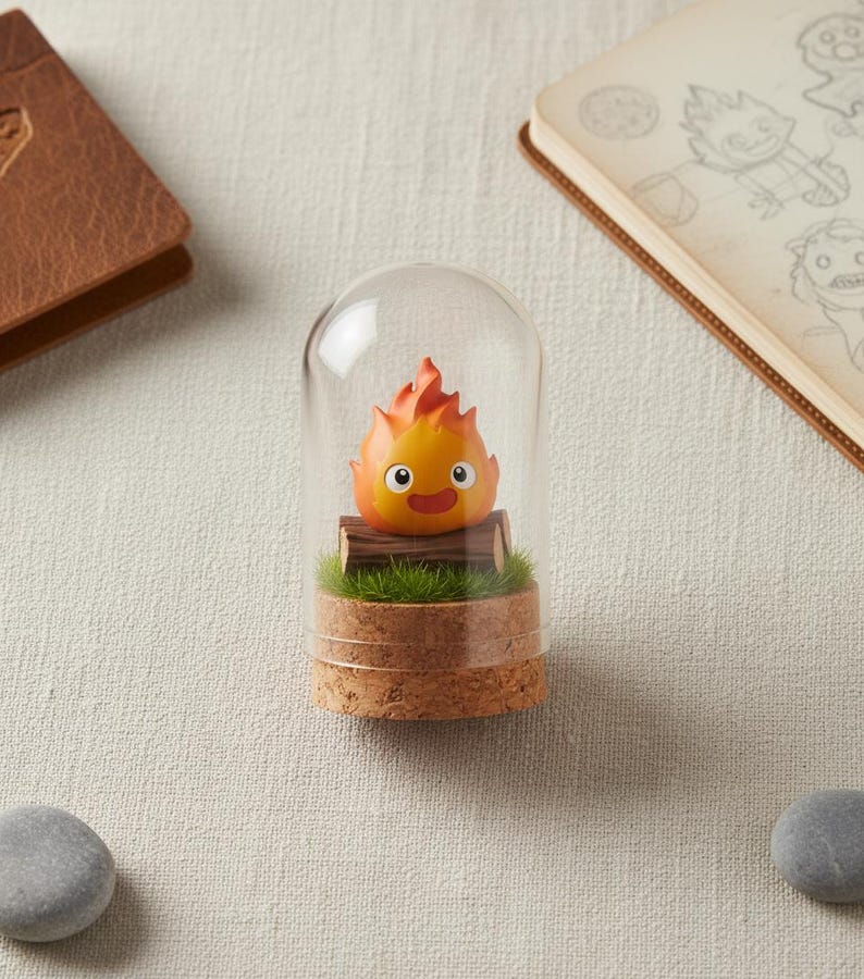 Puede incluir: Una campana de cristal decorativa con un personaje de dibujos animados con llamas naranjas, una cara sonriente y una base de tronco. La campana se asienta sobre una base de corcho con c&eacute;sped artificial. Un cuaderno encuadernado en cuero y una peque&ntilde;a piedra est&aacute;n en el fondo.