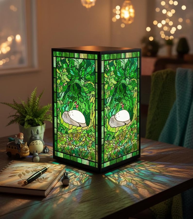 May include: A stained glass lamp with a black frame. The lamp features a green forest scene with white and gray characters. The lamp is on a wooden table with a notebook, pen, and figurines.