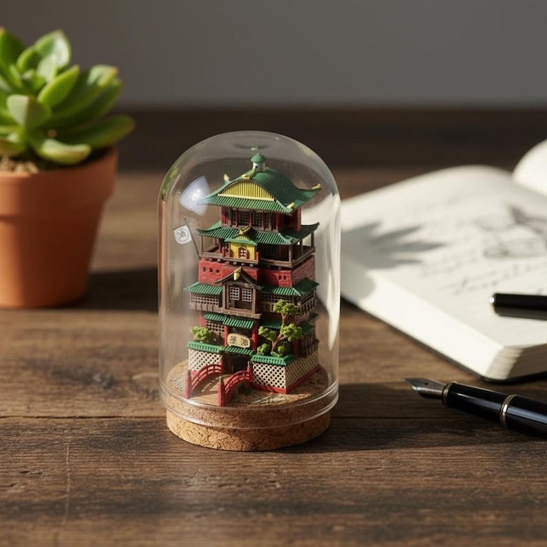 May include: A miniature Japanese-style building model, featuring red, green, and yellow accents, encased in a glass dome. The model sits on a cork base, with a small bridge and trees. A succulent plant in a terracotta pot is in the background.