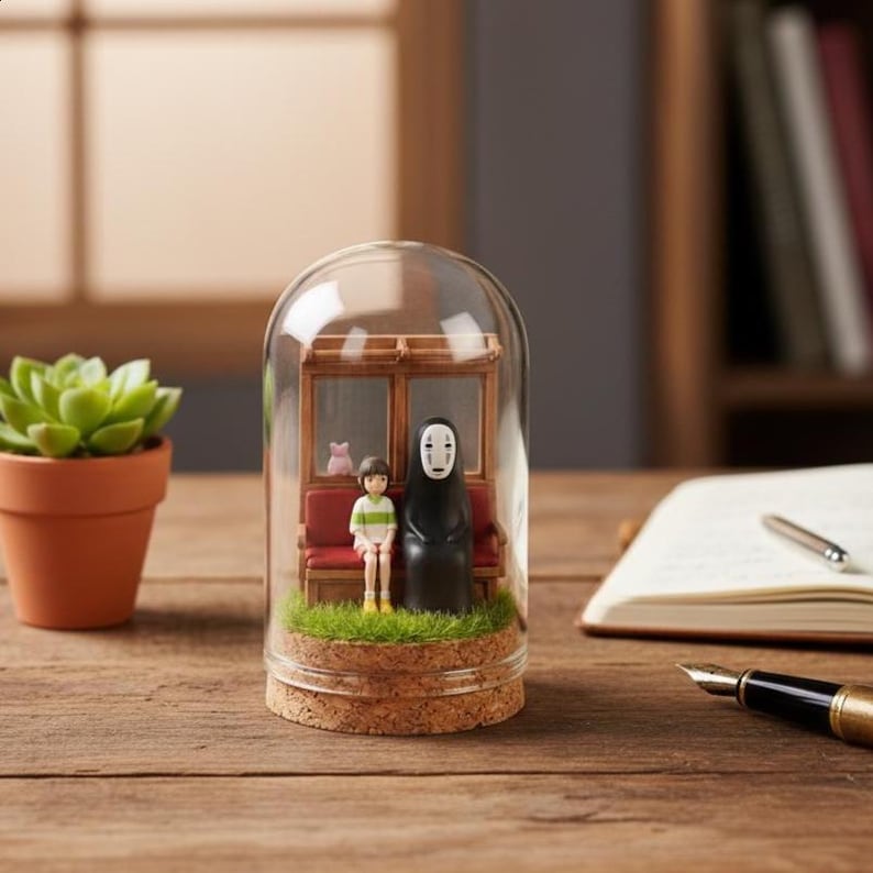 Puede incluir: Una c&uacute;pula de vidrio decorativa con base de corcho alberga una escena en miniatura con dos figuras sentadas en un banco rojo. La escena incluye un tel&oacute;n de fondo de estaci&oacute;n de tren en miniatura y c&eacute;sped artificial, creando una exhibici&oacute;n caprichosa.
