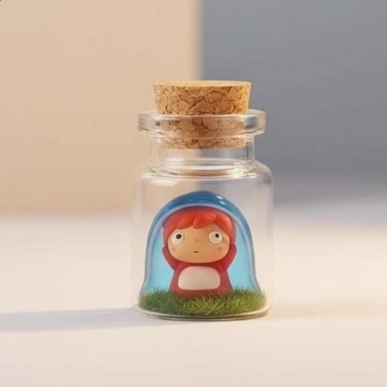 Puede incluir: Una peque&ntilde;a botella de vidrio transparente con tap&oacute;n de corcho. En el interior, una figura en miniatura de un personaje de dibujos animados con pelo rojo y un atuendo rojo est&aacute; encerrada en una c&uacute;pula azul, sobre un c&eacute;sped verde.