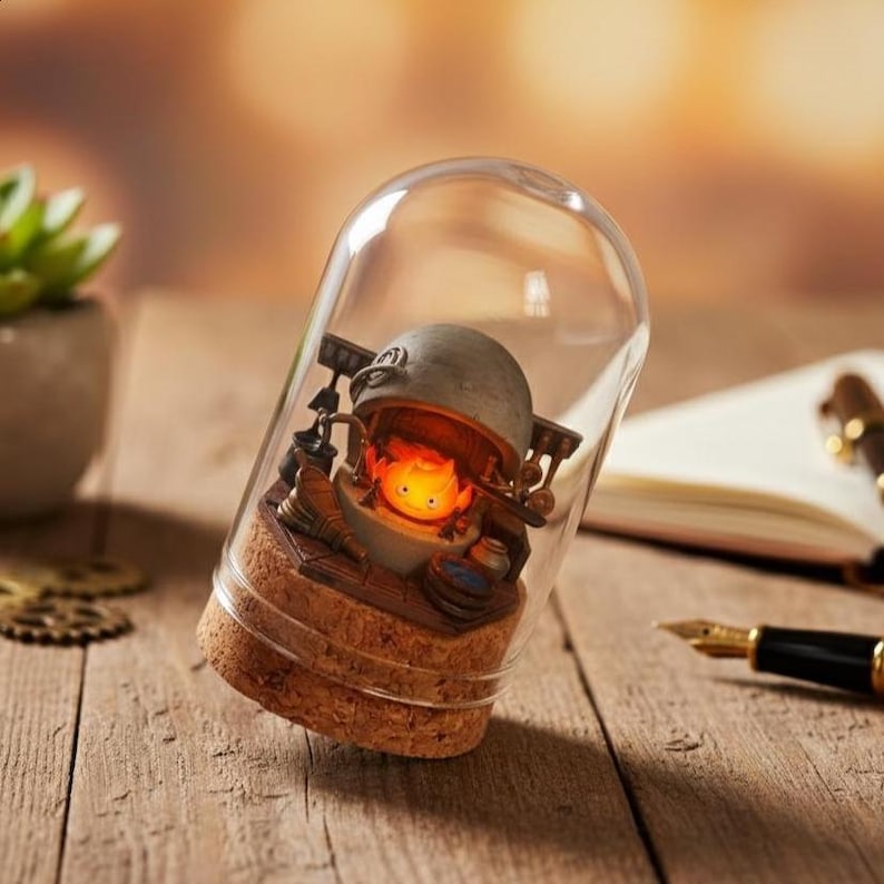 Puede incluir: Una c&uacute;pula de cristal decorativa con una escena en miniatura de un personaje de llama naranja brillante. La base es de corcho y la c&uacute;pula se asienta sobre una superficie de madera. Una planta suculenta y un bol&iacute;grafo son visibles en el fondo.